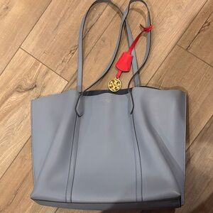Tory Burch Light Blue Leather Tote with Red Charm and Gold Logo